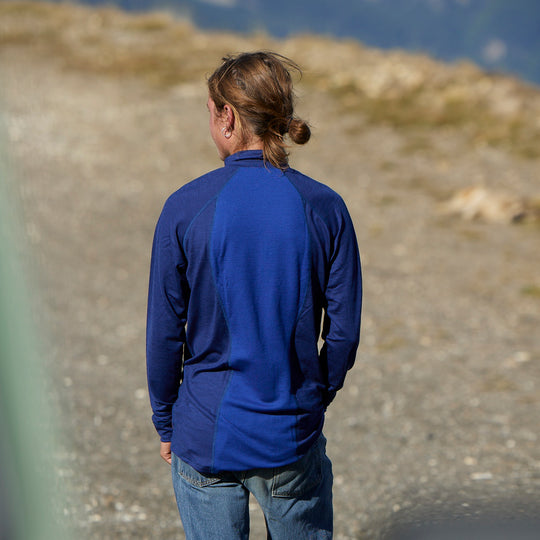 T-shirt mérinos sportif, manches longues, col montant 100% laine française bio - par Transhumance  La Routo